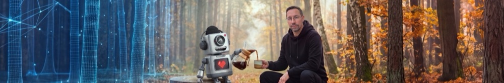 Maciej Aniserowicz z robotem nalewa kawę w jesiennym lesie - baner kanału na YouTube